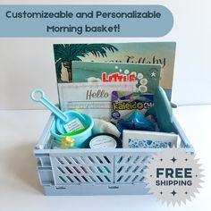 a basket filled with personal care items sitting on top of a white table next to a sign