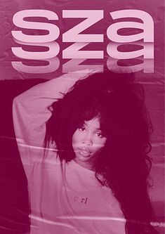 a woman with long black hair standing in front of a pink background and the words sza on it