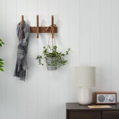 a potted plant is hanging on a coat rack next to a radio and lamp