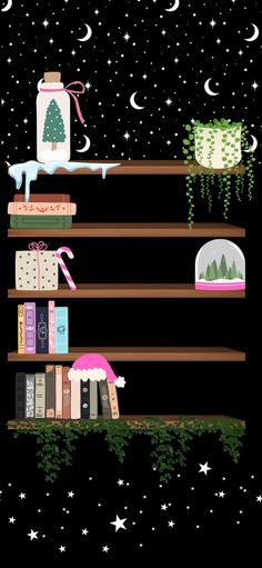 a shelf with books and presents on it in the night sky, surrounded by stars