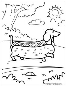 a coloring page with a dog in the park