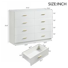 a white dresser with drawers and measurements for the top drawer, bottom drawer and bottom drawer