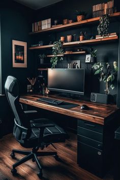 A Dark Moody Small Home Office featuring a sleek, minimalist desk setup with wooden shelves, plants, and warm lighting embodies the essence of Dark Scandinavian Minimalism, perfect for those seeking Moody Office Ideas for a Dark Modern Office or a Home Office Dark design. Dark Minimalism Interior, Home Office Setup Small Spaces, Dark Modern House Interiors, Moody Office Ideas, Small Moody Office, Home Office Decor For Men, Minimal Office Design, Dark Scandinavian, Grand Office