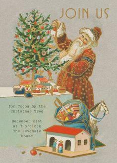 an old fashioned christmas card with santa claus decorating the tree