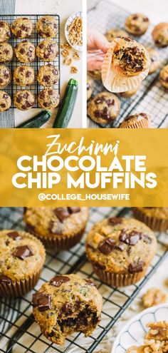 chocolate chip muffins on a cooling rack with the title overlay reading zucchini chocolate chip muffins