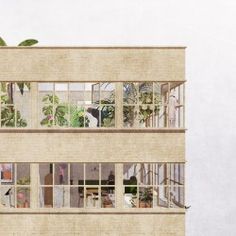 an artist's rendering of a tall building with lots of windows and plants in it