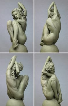 four different images of a woman sitting on top of a ball with her hands behind her head