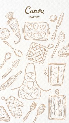 an illustrated drawing of kitchen utensils and baking supplies on paper with the words canva bakery written in brown ink