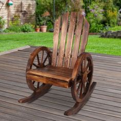 garden chairs, rocking chair, wagon wheels chair,    wooden chairs, garden decor, garden furniture, australia Burnt Wood Finish, Wagon Wheels, Wooden Wagon, Outdoor Rocking Chairs, Wagon Wheel, Fir Wood, Rock On, Take A Seat, Garden Chairs