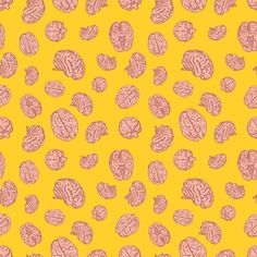 a yellow and pink background with small brain shapes on the left side of the image