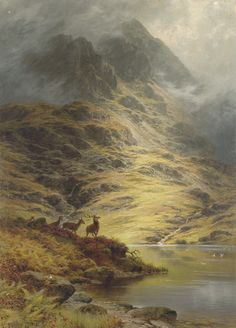 an image of a mountain scene with animals by the water