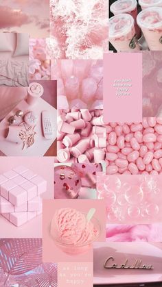 pink and white collage with lots of different things in it, including soaps