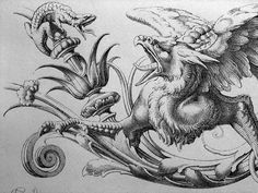 a drawing of an animal with wings on it's back and two snakes in the background