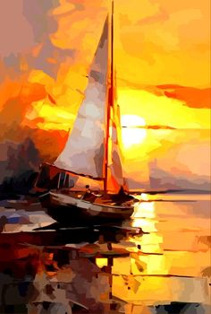 a painting of a sailboat on the water at sunset