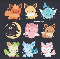 some cute pokemon stickers on a black background