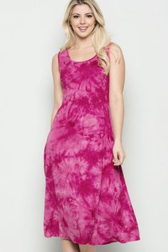 This casual tie dye tank dress offers a hot pink tone with eye-catching pattern and sleeveless silhouette for sun-ready ensembles. 95% rayon / 5% spandex Casual dress style: Day Fit: Missy Style: A-line Type/length of sleeves: Sleeveless Dress length: knee length Lining: Unlined Closure: Pullover Dimensions: 35 inches long, taken from a size Small Hand wash; hang dry Length about 43,5" Made in the USA Size Chart: Size Numeric Size Bust Waist Hip S 4-6 34”-36" 26”-28" 37”-39" M 8-10 36”-38" 29”-3 Knit Tank Dress, Casual Tie, Pink Tone, Knit Tank, Knit Tanks, Tank Dress, Tie Dye Skirt, Sleeveless Formal Dress, Dress Length