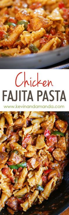 chicken fajita pasta in a skillet with text overlay