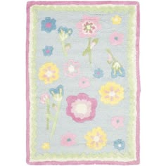 a blue rug with flowers on it and pink trimming around the edges is shown