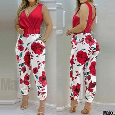 Majxx - Stylish Backless Floral Print High-Waisted Jumpsuit with Waist Belt Red Jumpsuit, Type Of Pants, Spring Outfits Casual, Plus Clothing