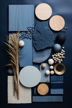 an assortment of different shapes and sizes of objects on a dark background with blue tones