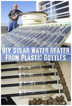 a man standing on top of a roof next to water heaters