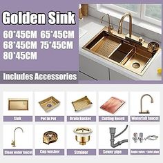 an advertisement for kitchen sinks and faucets in gold, silver or stainless steel