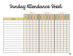 a printable calendar with the words sunday attendance sheet