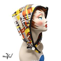 Vintage Head Neck Scarf w Multicolor Block Print Black Edging 32" Long - Hey Viv 1950s Head Scarf Vintage, 1950s Head Scarf Pattern, 50s Head Scarf Vintage, Vintage Scarves, Scarf Material, Button Hole, Vintage Hats, Neck Scarf, Vintage Scarf