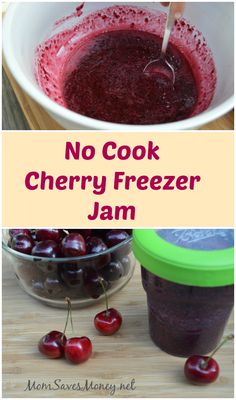 no cook cherry freezer jam in a bowl with cherries