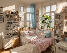 a bed sitting in a bedroom next to a window filled with lots of books and plants