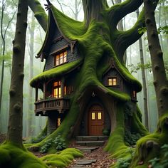 a tree house with moss growing on it's sides in the middle of a forest