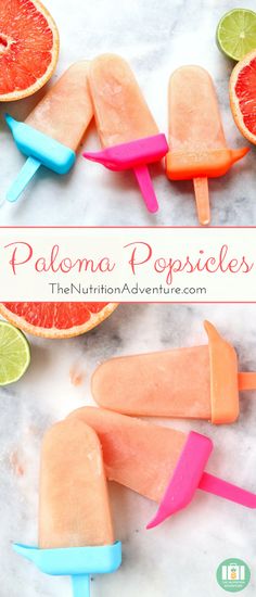 three popsicles with oranges and grapefruit on them, next to lime slices