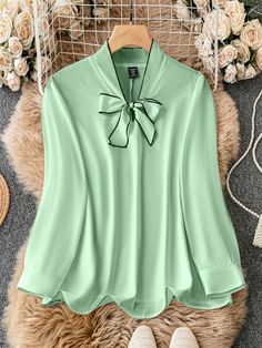 Women's Plus Size Long Sleeve Color Block Shirt With Necktie For Office Mint Green Elegant  Long Sleeve Fabric Plain Top Slight Stretch Spring/Fall Women Plus Clothing, size features are:Bust: ,Length: ,Sleeve Length: Spring Long Sleeve Top With Bow, V-neck Top With Bow For Spring, Spring V-neck Top With Bow Detail, Spring V-neck Top With Bow, Spring Office Tops With Bow Detail, Casual Long Sleeve Blouse With Bow, Long Sleeve Party Tops With Bow Detail, Fall Tie Neck Top With Bow Detail, Fall Tie Neck Top With Bow