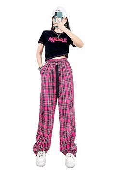 Casual Hot Pink Summer Plaid Drawstring Pants For Women Trendy Summer Leisure Pants, Trendy Leisure Bottoms Long Pants, Trendy Long Leisure Bottoms, Trendy Leisure Bottoms In Long Pants Style, Trendy Leisure Long Pants, Trendy Pink Drawstring Pants, Trendy Summer Leisure Sweatpants, Trendy Summer Sweatpants For Leisure, Trendy Pink Leisure Pants