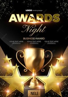 awards night flyer template with gold stars and trophy on it, in front of a black background