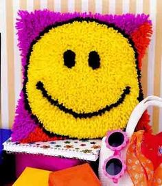 Wonderart Smiley Face Latch Hook Kit Make Your Own Latch Hook Yarn Rug, Smiley Face Pillows, Locker Hooking, Latch Hook Rug, Latch Hook Rug Kits, Hook Rug, Face Pillow, Latch Hook Rugs, Crochet Tools