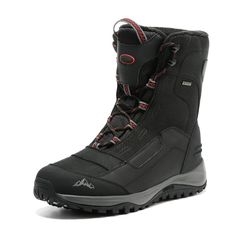 a pair of black boots with red laces on the outstep and side zipper