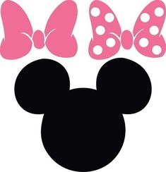 minnie mouse ears with pink bows on their ears and the word minnie written in black