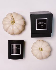 an assortment of candles and pumpkins sitting next to each other on a white surface