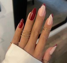 Red With Sparkle Nails, Brown And Glitter Nails, Light Red Nails, Red Nails With Glitter, Red Nail Ideas, Red And White Nails, Red Christmas Nails, French Tip Nail Designs, Bride Outfits