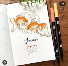 an open notebook with two goldfishs on it next to some markers and pencils