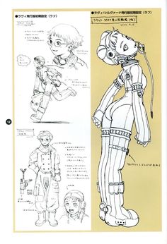 an image of some anime character sketches on paper and in color, with the caption's description below it