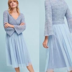 Brand New With Tags, Never Worn - Anthropologie Maeve Sky Blue Sweater Tulle Arabesque Style Dress. Size Small Petite. Gtd/Tl Grey Embroidered Dress, Pleated Tulle Skirt, Anthropology Dresses, Sweater Midi Dress, Pleated Tulle, Olive Green Dresses, Mini Sweater Dress, Sweater Dress Midi, Pink Midi Dress