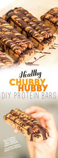 a person holding up a chocolate chippy protein bar in front of the camera and text that reads healthy chubby, diy protein bars