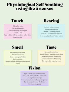 This infographic helps provide you, your children, or clients with different strategies to physiologically self soothe using the 5 senses. 5 Senses Grounding, 5 Things You Can See 4 Things, Sensory Self Care, Self Regulation Coping Strategies, Self Soothing Techniques, How To Heal Yourself, Holistic Wellness Aesthetic, Nervus Vagus