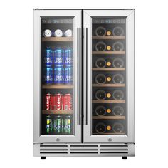 an open refrigerator with two doors and shelves filled with drinks