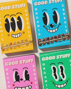 three boxes of cereal with faces painted on the front and back of them, one for good stuff