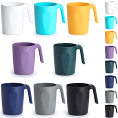 many different colored mugs are shown in this image, including one with a handle