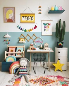 a child's playroom with toys and decor