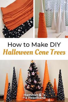 Making Halloween trees by gluing orange, black and white fabric strips to paper cones Diy Halloween Display, Halloween Tree Diy How To Make, Halloween Cone Tree, Yarn Crafts To Sell, Halloween Spooky Tree Diy, Poster Board Cone Tree Pattern, Diy Spooky Tree Decoration, Halloween Trees Ideas, Diy Backdrop Ideas